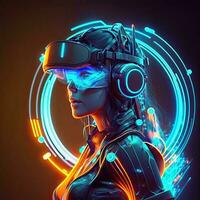 Futuristic woman in virtual reality glasses on the background of a neon city. Cyberpunk, retrowave, synthwave, high definition, art, generative artificial intelligence. photo