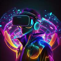 Futuristic man in virtual reality glasses on the background of a neon city. Cyberpunk, retrowave, synthwave, high definition, art, generative artificial intelligence. photo