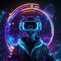 Futuristic woman in virtual reality glasses on the background of a neon city. Cyberpunk, retrowave, synthwave, high definition, art, generative artificial intelligence. photo