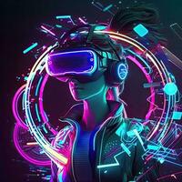 Futuristic woman in virtual reality glasses on the background of a neon city. Cyberpunk, retrowave, synthwave, high definition, art, generative artificial intelligence. photo