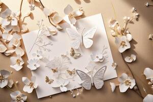 Top View of Unique Paper Crafting or Decoration with Cherry Flowers and Butterfly on Shiny Golden Background. Illustration. photo