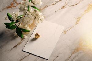Top View of Blank Card Mockup with Cherry Flower Branch on Beige Marble Background. Illustration. photo