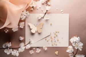Top View of Unique Invitation Card Envelope with Cherry Flowers and Butterfly on Pastel Pink Background. Illustration. photo