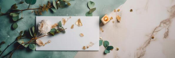 Top View of Eucalyptus Branch, Illuminated Candle With Blank Paper or Card Mockup on Marble Background and Space for Your Message. Illustration. photo