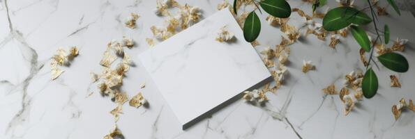 Top View of Blank Paper, Card Mockup with Flowers, Leaves on Marble Background. Illustration. photo