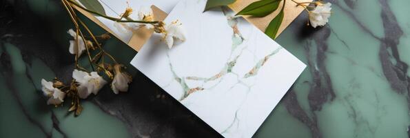 Top View of Blank White Card with Cherry Flowers on Green Marble Background. Mock up Banner for Design or product placement created using . photo