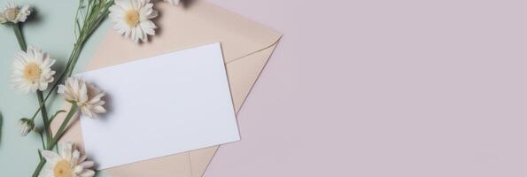 Top View of Blank Invitation Card with Brown Envelope and Daisy Flowers on Pastel Pink Background. Illustration. photo