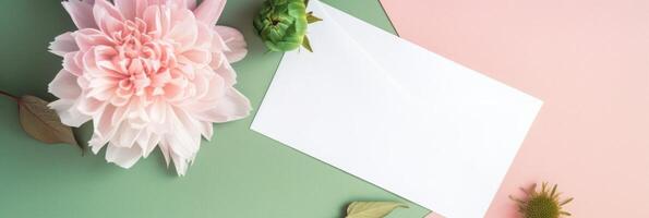 Top VIew of Blank White Invitation Card with Peony Flowers. Mock up Banner for Design or product placement created using . photo