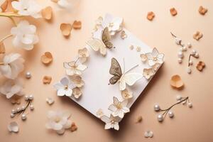 Top View of Shiny Golden Invitation Card Envelope, Wild Flowers on Background. Illustration. photo