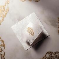 Top View of Beige Luxury Wedding Invitation Card, Mock up Template for Design or product placement created using . photo