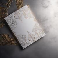 Top View of Grey and Golden Luxury Wedding Invitation Card, Mock up Template for Design or product placement created using . photo