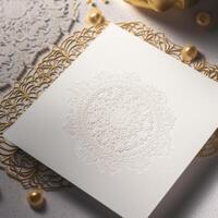 Top View of White Luxury Invitation Card on Golden Floral and Pearls Background. Mock up Template for Design or product placement created using . photo