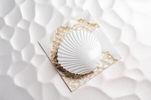 Top View of White And Golden Pearl Shells Card, Mock up Template for Design or product placement created using . photo