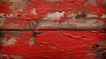 Top View of Red Rusted Paint Plank Texture Table, Wood Background. Generative AI. photo