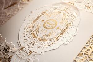 Top View of White and Golden Luxury Invitation Card, Mock up Template for Design or product placement created using . photo