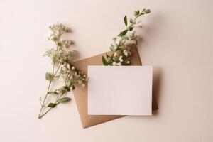 parte superior ver de blanco marrón Boda invitación tarjeta con minúsculo flores burlarse de arriba modelo para diseño o producto colocación creado utilizando generativo ai. foto