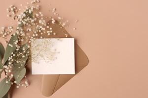 Top View of Luxury Shiny Beige Wedding Card, Box Mockup on Gey Background. Illustration. photo