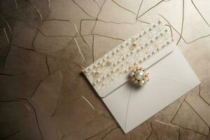 Top View of Beige Luxury Wedding Invitation Card on Brown Marble Background. Mock up Template for Design or product placement created using generative AI. photo