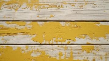 Top View of Yellow Paint Splatter Against White Wood Texture Background, . photo