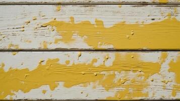 Top View of Yellow Paint Splatter Against White Wood Texture Background, Generative AI. photo
