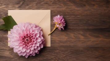 Top View of Square Paper Card with Beautiful Dahlia Flowers Mockup on Wooden Table, . photo