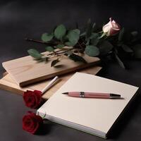 Minimal Top View of Notebook, Pen, Roses, Wood Veneer on Dark Background, . photo