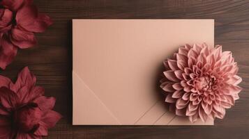 Top View of Blank Paper Card Mockup with Beautiful Dahlia Flowers on Wooden Table, . photo