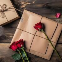 Flat Lay Theme of Rustic Style Packed Gifts with Beautiful Roses on Wooden Table. . photo