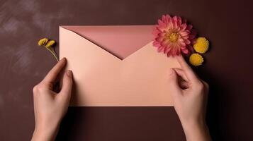 Top VIew Photo of Female Holding Envelope with Flowers Mockup, .