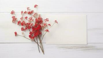 parte superior ver de rojo Gypsophila flor rama y blanco sobre Bosquejo en de madera mesa, generativo ai. foto