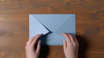 Top VIew Photo of Female Closing a Blue Envelope Mockup, .