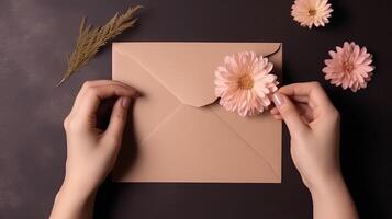 Top VIew Photo of Female Decorated Close Envelope with Daisy Flowers Mockup, .