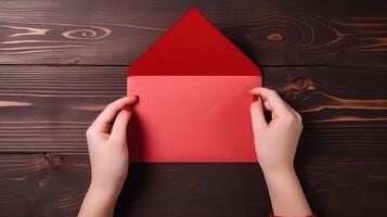 Top VIew Photo of Female Holding a Red Open Envelope Mockup on Wooden Texture Background, Generative AI.