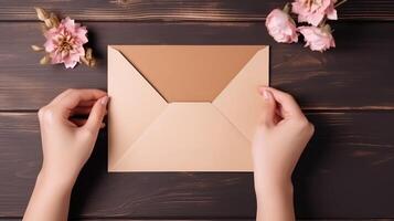 Top VIew Photo of Female Making a Envelope and Beautiful Pink Flowers Mockup, .