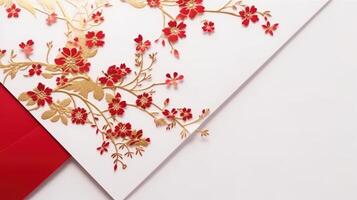 Top View of Golden And Red Luxury Card with Leaves and Flower Branch for Wedding Concept. . photo