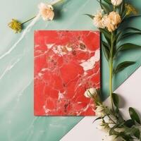 Top View of Blank Red Invitation Card with Wild Flowers on Green Marble Background. Spring or Wedding Concept Design. . photo