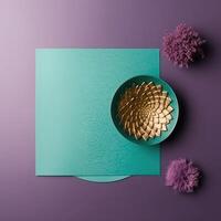 Top View of Green Blank Invitation Card Flat Lay with Floral Embossing Mockup. . photo