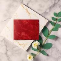 Top View of Red Blank Minimal Invitation Card with Peony Flowers on White Background. Spring or Wedding Concept Design. . photo