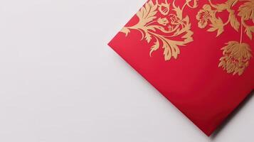 Top View of Golden And Red Luxury Invitation Card for Wedding Concept and Space For Your Message. . photo