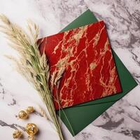 Top View of Blank Red Greeting Card with Rye Stalks on Marble Background. Vintage Delicate Business or Wedding Card Design. . photo