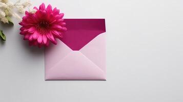 Top View of Pink Envelope or Greeting Card with Beautiful Floral on Gray Background, . photo