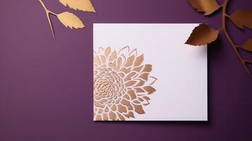 Top View of Golden And White Luxury Card with Leaves on Purple Background for Wedding Concept. . photo