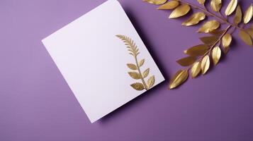 Top View of Golden And White Luxury Card with Leaves on Purple Background for Wedding Concept. . photo