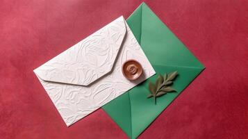 Top View of Beige Luxury Invitation Card with Felted Eucalyptus Leaves on Red Silk Background. Spring or Wedding Card Design. . photo