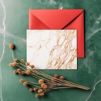 Top View of Beige Paper with Dry Grass Flower on Green Marble Background for Business or Wedding Card Concept. . photo