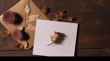 parte superior ver de blanco blanco saludo tarjeta con Rosa flores en marrón tablón textura antecedentes para amor o Boda concepto. generativo ai ilustración. foto