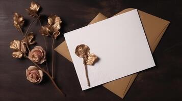 Top View of Blank White Paper with Beautiful Rose Flower, Golden Leaves on Brown Wooden Texture Background for Love or Wedding Card Design. Generative AI. photo