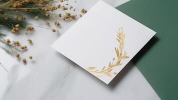 parte superior ver de blanco blanco papel con Junco flor césped en blanco y verde mármol antecedentes y colocación para primavera , Boda tarjeta diseño. generativo ai ilustración. foto