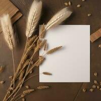 Top View of Blank White Paper with Reed Branch on Brown Wooden Background. Vintage Delicate Business or Wedding Card Design. Generative AI. photo