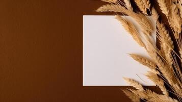 Top View of Blank White Paper with Golden Wheat Branch on Brown Background and Placement. Vintage Delicate Business or Wedding Card Design. . photo